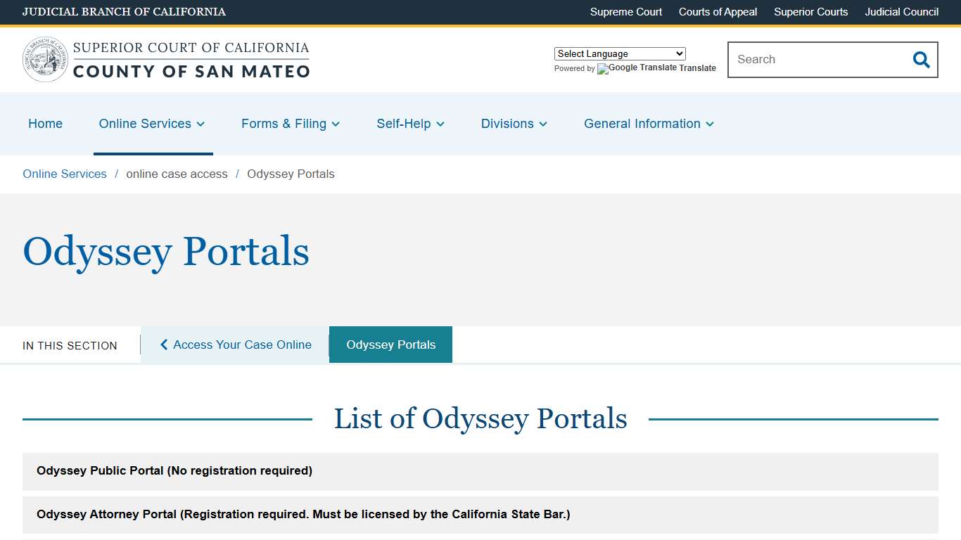 Odyssey Portals Superior Court of California County of San Mateo