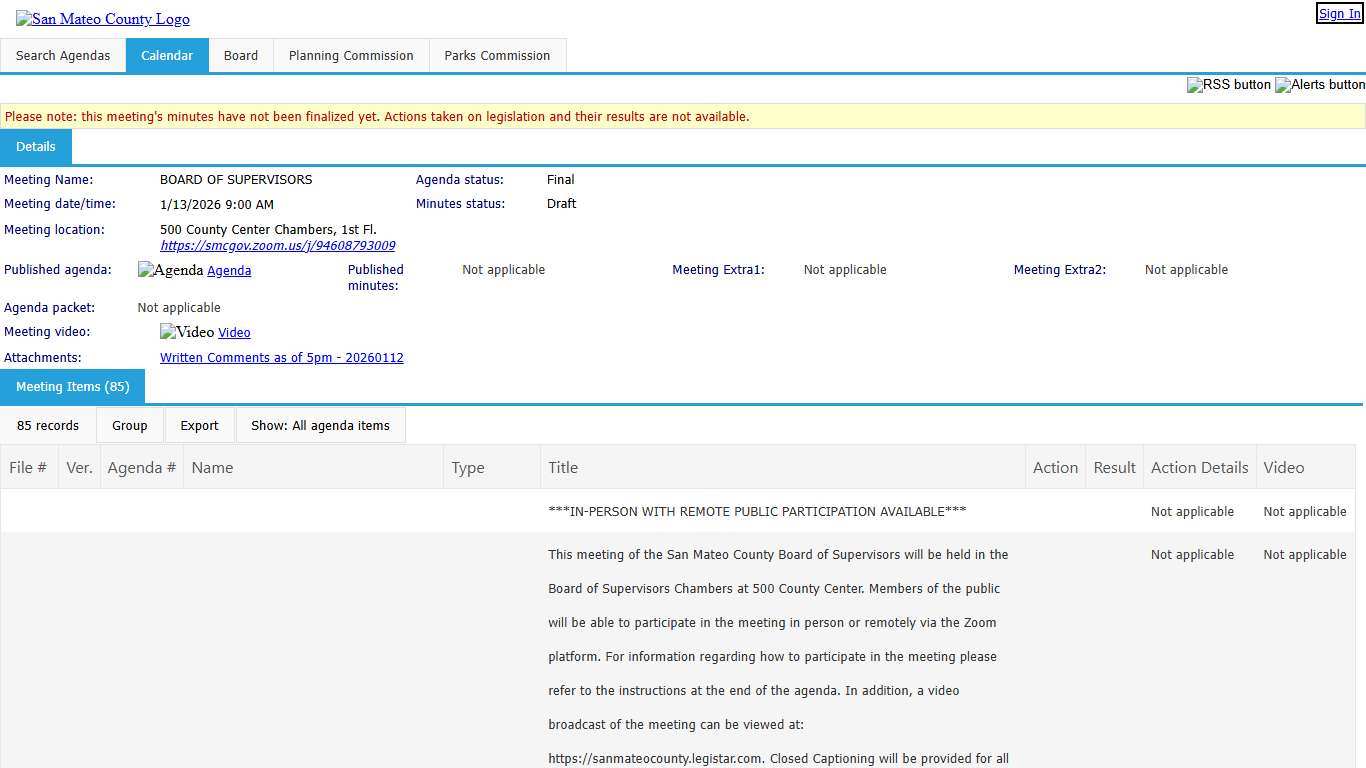 County of San Mateo - Meeting of BOARD OF SUPERVISORS on 1/13/2026 at 9:00 AM